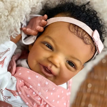 Загрузить изображение в средство просмотра галереи, 20 Inch Charlie Brown Skin Doll - Hand-Painted Curly Hair, Sparkling Blue Glass Eyes No Eyelashes in Pink Polka Dot Overalls Set, Soft Cloth Body & HD Blush