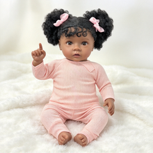 Carregar imagem no visualizador da galeria, 20" African American Reborn Baby Doll | Realistic Black Silicone Newborn with Curly Pigtails | Pink Ribbed Long-Sleeve Outfit | Lifelike Toddler Gift for Kids