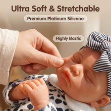 Carica l'immagine nel visualizzatore di Gallery, 12.6" Sleeping Weighted Reborn Silicone Baby Doll | 2.4 lbs (1.1kg) Lifelike Size & Weight | Openable Mouth for Feeding & Pacifier | Premium Platinum Silicone | Cow Print Romper & Striped Bow