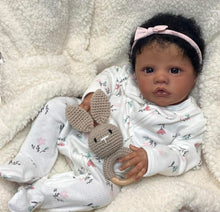 Load image into Gallery viewer, 19 Inch Lifelike Reborn Baby Doll Primrose Awake | 48cm Realistic Black Baby Doll with Curly Hair Soft Body Wearable White Print Zip Suit Christmas Gift for Kids Collectors