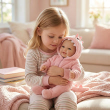 Carica l'immagine nel visualizzatore di Gallery, 17" Hand-Painted Cloth Body Baby Doll with Teeth in Pink Plush Dinosaur Footie - Realistic Customizable Newborn Doll (Bag Packaging)