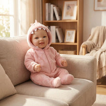 Carica l'immagine nel visualizzatore di Gallery, 17" Hand-Painted Cloth Body Baby Doll with Teeth in Pink Plush Dinosaur Footie - Realistic Customizable Newborn Doll (Bag Packaging)
