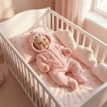 Carica l'immagine nel visualizzatore di Gallery, 17" Hand-Painted Cloth Body Baby Doll with Teeth in Pink Plush Dinosaur Footie - Realistic Customizable Newborn Doll (Bag Packaging)