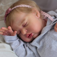 Carica l'immagine nel visualizzatore di Gallery, 19" Sleeping Reborn Baby Doll Teddy - Rooted Blonde Hair, Heather Gray Footed Sleeper + Floral Headband, Eyes Closed