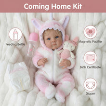 Load image into Gallery viewer, Pinky Reborn 18 Inch Lifelike Reborn Baby Girl Doll | Hand-Rooted Blonde Hair | 2 Body Choices (Soft Cloth / Full Vinyl) with Unicorn Outfit