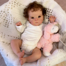 画像をギャラリービューアに読み込む, Bettie 18-Inch Realistic Reborn Baby Doll Gift Set with Open Blue Eyes - Lifelike Black Curly Hair, Vinyl Head & Limbs, Magnetic Pacifier, Bottle & Birth Certificate Included