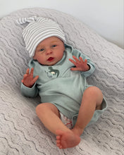 Load image into Gallery viewer, 20 Inch Open Eyes Reborn Baby Doll Hand-Painted Vinyl Head & Limbs Soft Cloth Body with Dinosaur Outfit Hat Magnetic Pacifier Realistic Newborn Doll
