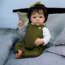 Load image into Gallery viewer, 18 Inch Cloth Doll Bettie: Rooted Brown Curly Hair, Green Overalls & Vintage Charm