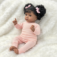 Carregar imagem no visualizador da galeria, 20" African American Reborn Baby Doll | Realistic Black Silicone Newborn with Curly Pigtails | Pink Ribbed Long-Sleeve Outfit | Lifelike Toddler Gift for Kids