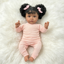 Carregar imagem no visualizador da galeria, 20" African American Reborn Baby Doll | Realistic Black Silicone Newborn with Curly Pigtails | Pink Ribbed Long-Sleeve Outfit | Lifelike Toddler Gift for Kids