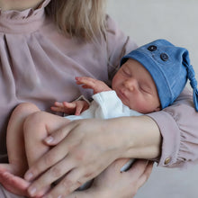 Carica l'immagine nel visualizzatore di Gallery, Laura: Your Newborn Cuddle Companion  19" Sleepping Snuggly Plush Rebrorn Baby Doll with Implanted Hair Cozy Blue Hat