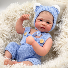 Cargar imagen en el visor de la galería, 17 inch Adorable Realistic Vinyl Reborn Baby Dolls Blue Knitted Sweater for Children Awake Premium Painted And Brown Eyes