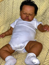Carica l'immagine nel visualizzatore di Gallery, 19 Inch/24 inch African American Baby Doll - Black Curly Hair, Cloth Body, White Romper & Socks, w/ White Pacifier - Soft & Cuddly - Pickle
