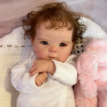 画像をギャラリービューアに読み込む, Bettie 18-Inch Realistic Reborn Baby Doll Gift Set with Open Blue Eyes - Lifelike Black Curly Hair, Vinyl Head & Limbs, Magnetic Pacifier, Bottle & Birth Certificate Included