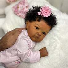 Carica l'immagine nel visualizzatore di Gallery, Bettie 18" African American Cloth Body Doll - Hand-Rooted Jet-Black Curls + Blush Pink Floral Print Footed Set & Bonnet | Deep Skin Tone