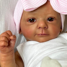 Carica l'immagine nel visualizzatore di Gallery, White Halter Romper & Pink Bow Hat Reborn Doll - 19 Inch Dark Skin Cloth Body, Hand Painted HD Hair - Felicia
