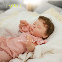 Load image into Gallery viewer, 20" Peaches Hybrid Reborn Doll Realistic 3D Skin & Implanted Brown Hair - w/ Pink Stripes Outfit & Kitty Pacifier