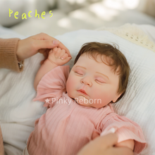 Load image into Gallery viewer, 20" Peaches Hybrid Reborn Doll Realistic 3D Skin & Implanted Brown Hair - w/ Pink Stripes Outfit & Kitty Pacifier