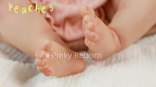 Load image into Gallery viewer, 20" Peaches Hybrid Reborn Doll Realistic 3D Skin & Implanted Brown Hair - w/ Pink Stripes Outfit & Kitty Pacifier