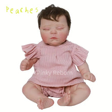 Load image into Gallery viewer, 20" Peaches Hybrid Reborn Doll Realistic 3D Skin & Implanted Brown Hair - w/ Pink Stripes Outfit & Kitty Pacifier