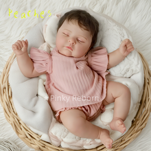 Load image into Gallery viewer, 20" Peaches Hybrid Reborn Doll Realistic 3D Skin & Implanted Brown Hair - w/ Pink Stripes Outfit & Kitty Pacifier