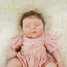 Load image into Gallery viewer, 20" Peaches Hybrid Reborn Doll Realistic 3D Skin & Implanted Brown Hair - w/ Pink Stripes Outfit & Kitty Pacifier