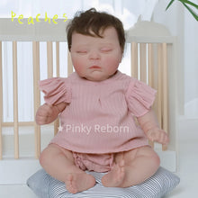 Load image into Gallery viewer, 20" Peaches Hybrid Reborn Doll Realistic 3D Skin & Implanted Brown Hair - w/ Pink Stripes Outfit & Kitty Pacifier