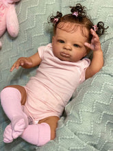 Cargar imagen en el visor de la galería, 20 Inch Lanny Cloth Body Doll - Brown Skin with Rooted Curly Braids, Sparkling Brown Eyes in Pink Romper & Tights, High-Definition Makeup