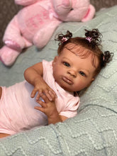Cargar imagen en el visor de la galería, 20 Inch Lanny Cloth Body Doll - Brown Skin with Rooted Curly Braids, Sparkling Brown Eyes in Pink Romper & Tights, High-Definition Makeup