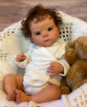 画像をギャラリービューアに読み込む, Bettie 18-Inch Realistic Reborn Baby Doll Gift Set with Open Blue Eyes - Lifelike Black Curly Hair, Vinyl Head & Limbs, Magnetic Pacifier, Bottle & Birth Certificate Included