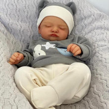 Carica l'immagine nel visualizzatore di Gallery, Lifelike Reborn Baby Doll - Full Vinyl Body with Hand-Painted Hair & Closed Eyes, Wearing Gray Outfit with Hat, Complete Feeding Set & Gift Box (18Inch)