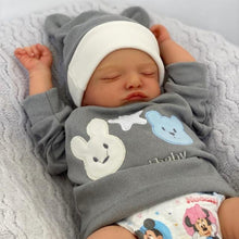 Carica l'immagine nel visualizzatore di Gallery, Lifelike Reborn Baby Doll - Full Vinyl Body with Hand-Painted Hair & Closed Eyes, Wearing Gray Outfit with Hat, Complete Feeding Set & Gift Box (18Inch)