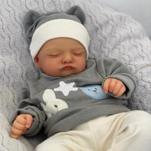 Carica l'immagine nel visualizzatore di Gallery, Lifelike Reborn Baby Doll - Full Vinyl Body with Hand-Painted Hair & Closed Eyes, Wearing Gray Outfit with Hat, Complete Feeding Set & Gift Box (18Inch)