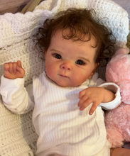 画像をギャラリービューアに読み込む, Bettie 18-Inch Realistic Reborn Baby Doll Gift Set with Open Blue Eyes - Lifelike Black Curly Hair, Vinyl Head & Limbs, Magnetic Pacifier, Bottle & Birth Certificate Included