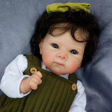 Load image into Gallery viewer, 18 Inch Cloth Doll Bettie: Rooted Brown Curly Hair, Green Overalls & Vintage Charm