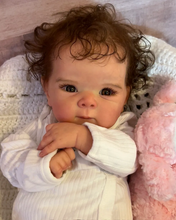 画像をギャラリービューアに読み込む, Bettie 18-Inch Realistic Reborn Baby Doll Gift Set with Open Blue Eyes - Lifelike Black Curly Hair, Vinyl Head & Limbs, Magnetic Pacifier, Bottle & Birth Certificate Included