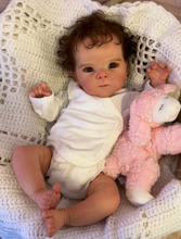 画像をギャラリービューアに読み込む, Bettie 18-Inch Realistic Reborn Baby Doll Gift Set with Open Blue Eyes - Lifelike Black Curly Hair, Vinyl Head & Limbs, Magnetic Pacifier, Bottle & Birth Certificate Included
