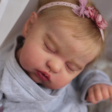 Carica l'immagine nel visualizzatore di Gallery, 19" Sleeping Reborn Baby Doll Teddy - Rooted Blonde Hair, Heather Gray Footed Sleeper + Floral Headband, Eyes Closed