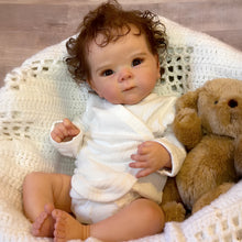 画像をギャラリービューアに読み込む, Bettie 18-Inch Realistic Reborn Baby Doll Gift Set with Open Blue Eyes - Lifelike Black Curly Hair, Vinyl Head & Limbs, Magnetic Pacifier, Bottle & Birth Certificate Included