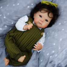 Load image into Gallery viewer, 18 Inch Cloth Doll Bettie: Rooted Brown Curly Hair, Green Overalls & Vintage Charm