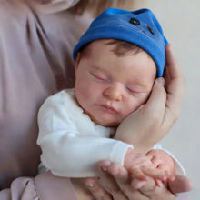 Carica l'immagine nel visualizzatore di Gallery, Laura: Your Newborn Cuddle Companion  19" Sleepping Snuggly Plush Rebrorn Baby Doll with Implanted Hair Cozy Blue Hat
