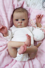 Cargar imagen en el visor de la galería, Hand-Painted Head Reborn Baby Doll 16 inch 40cm with Blue Eyes, Blonde Hair, Pink Long-Sleeve Romper, Cloth Body & Full Limbs