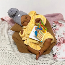 画像をギャラリービューアに読み込む, 20-Inch Realistic Black Reborn Baby Girl Doll | Full Vinyl Sleeping Newborn with Curly Black Hair & Yellow Sleep Gown | Lifelike Skin Touch, Poseable Limbs, Eyes Closed
