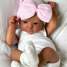 Carica l'immagine nel visualizzatore di Gallery, White Halter Romper & Pink Bow Hat Reborn Doll - 19 Inch Dark Skin Cloth Body, Hand Painted HD Hair - Felicia
