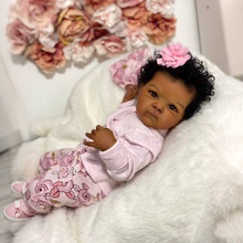 Carica l'immagine nel visualizzatore di Gallery, Bettie 18" African American Cloth Body Doll - Hand-Rooted Jet-Black Curls + Blush Pink Floral Print Footed Set & Bonnet | Deep Skin Tone