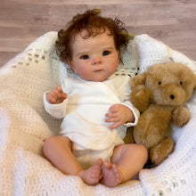 画像をギャラリービューアに読み込む, Bettie 18-Inch Realistic Reborn Baby Doll Gift Set with Open Blue Eyes - Lifelike Black Curly Hair, Vinyl Head & Limbs, Magnetic Pacifier, Bottle & Birth Certificate Included