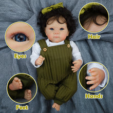 Load image into Gallery viewer, 18 Inch Cloth Doll Bettie: Rooted Brown Curly Hair, Green Overalls & Vintage Charm
