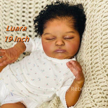 Carica l'immagine nel visualizzatore di Gallery, Laura 19 inch African American Reborn Doll - Cloth Body, Rooted Black Curly Hair & White Footed Onesie | Full Limbs, Deep Skin Tone