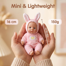 Laden Sie das Bild in den Galerie-Viewer, 6" Realistic Platinum Silicone Reborn Baby Doll | Ultra Soft & Stretchable | Pink Bunny Outfit | Lifelike Toddler Toy Gift
