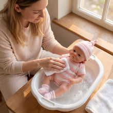 Carica l'immagine nel visualizzatore di Gallery, 6" Mini Pocket Silicone Baby Doll | Ultra Soft Realistic Face | Striped Knit Outfit with Beanie & Socks | Portable Reborn Gift